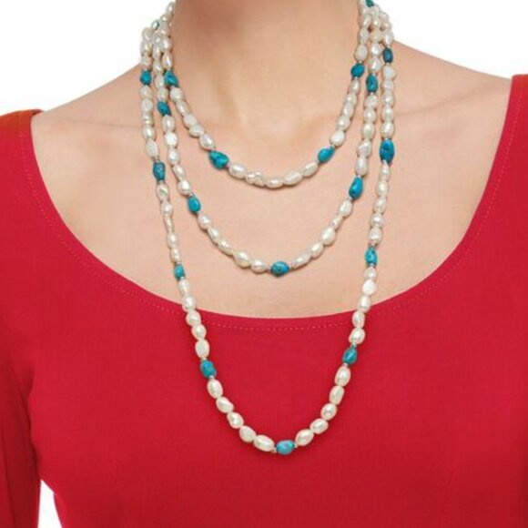 Ross-Simons Cultured Pearl and Turquoise Bead Endless Necklace - Picture 1 of 7